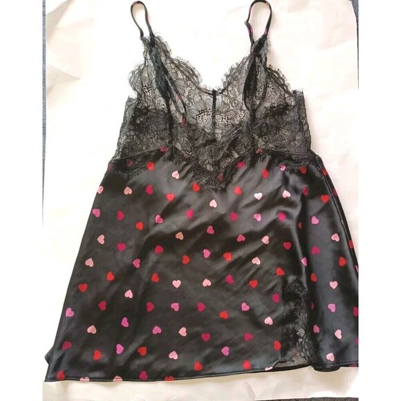 Victoria's Secret Other - Victoria's Secret Chemise Slip Small Black Red Pink Hearts  Babydoll Lace Trim